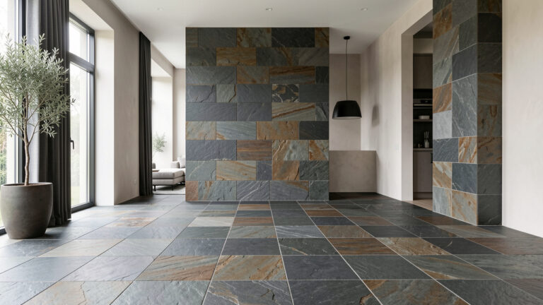Intérieur contemporain élégant avec sol et revêtement mural en ardoise naturelle dans des tons gris charbon et terreux