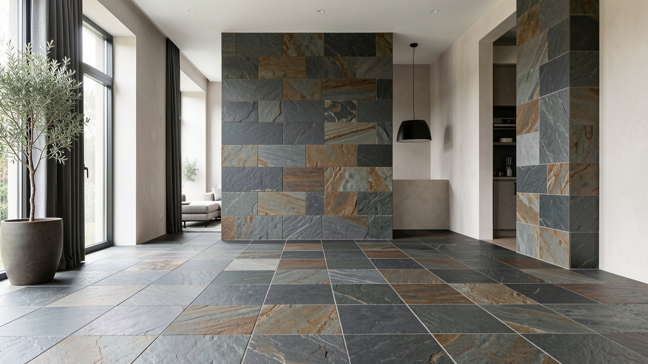 Intérieur contemporain élégant avec sol et revêtement mural en ardoise naturelle dans des tons gris charbon et terreux