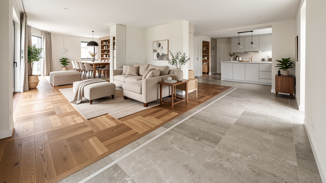 Intérieur contemporain montrant une transition harmonieuse entre un parquet en chêne et un sol en pierre dans des pièces communicantes.