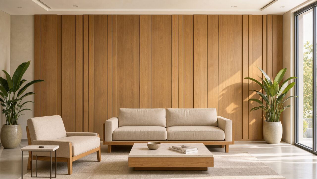 Parement mural moderne en bois dans un salon contemporain lumineux, avec des lames de chêne et une décoration aux tons neutres.