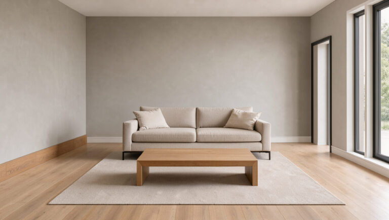 Salon contemporain montrant différents styles de plinthes assortis au parquet et aux couleurs des murs.