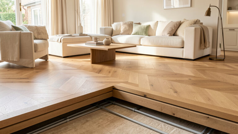 Salon contemporain avec parquet en chêne chaleureux et aperçu en coupe du chauffage au sol installé sous le plancher.