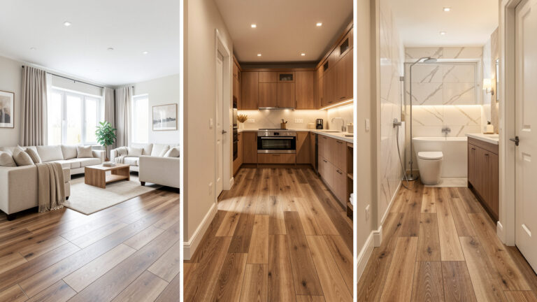 Intérieur moderne montrant un carrelage imitation parquet dans un salon lumineux, une cuisine chaleureuse et une salle de bains élégante.