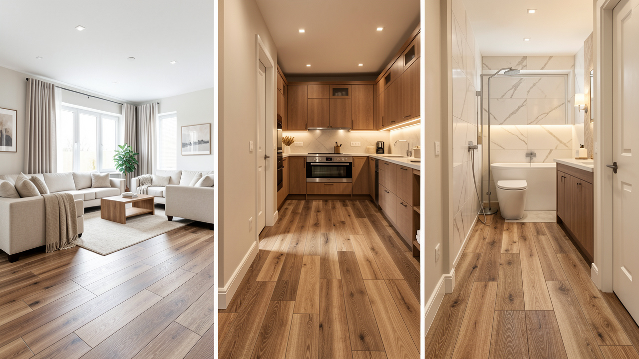 Intérieur moderne montrant un carrelage imitation parquet dans un salon lumineux, une cuisine chaleureuse et une salle de bains élégante.