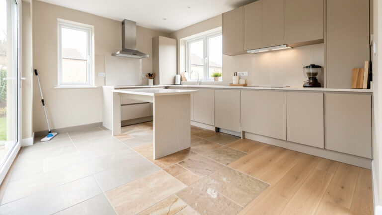 Cuisine moderne lumineuse présentant un sol durable et facile à nettoyer, dans des tons beige et gris, avec des matériaux pratiques harmonieusement intégrés.