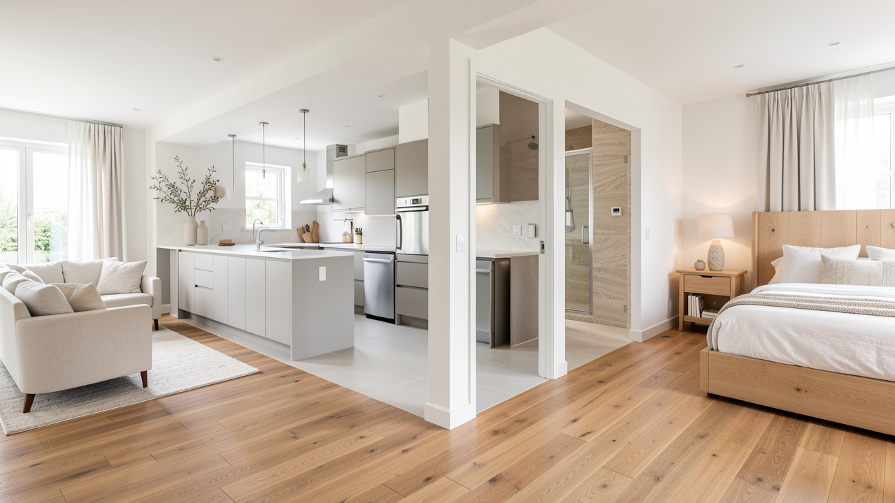 Intérieur contemporain montrant plusieurs pièces de la maison avec des revêtements de sol adaptés à chaque usage.