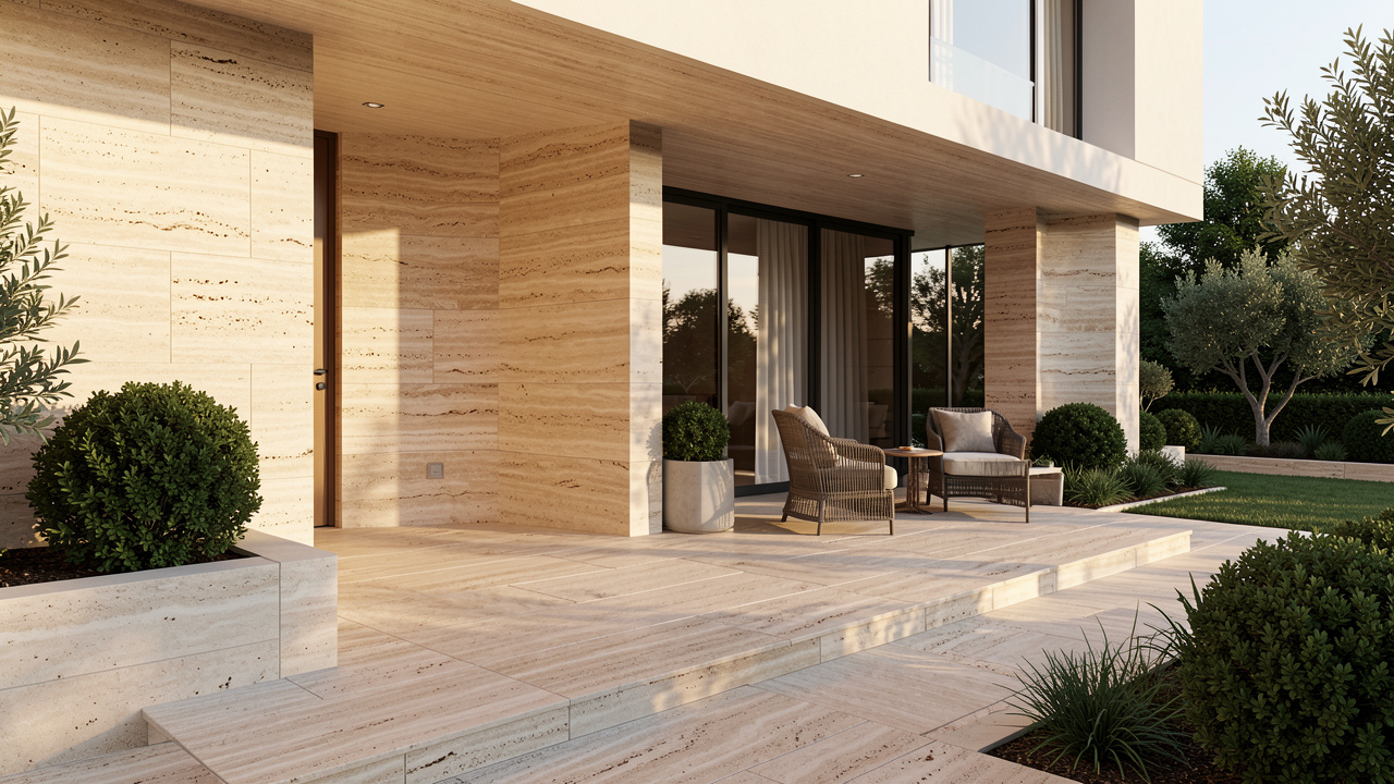 Maison contemporaine avec sols, murs et terrasse extérieure revêtus de travertin beige aux nuances naturelles.