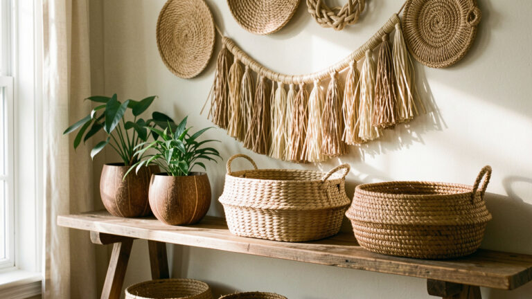 Décoration intérieure chaleureuse avec objets faits main en coque de coco, paniers en jute, fibres de raphia et accessoires en sisal.