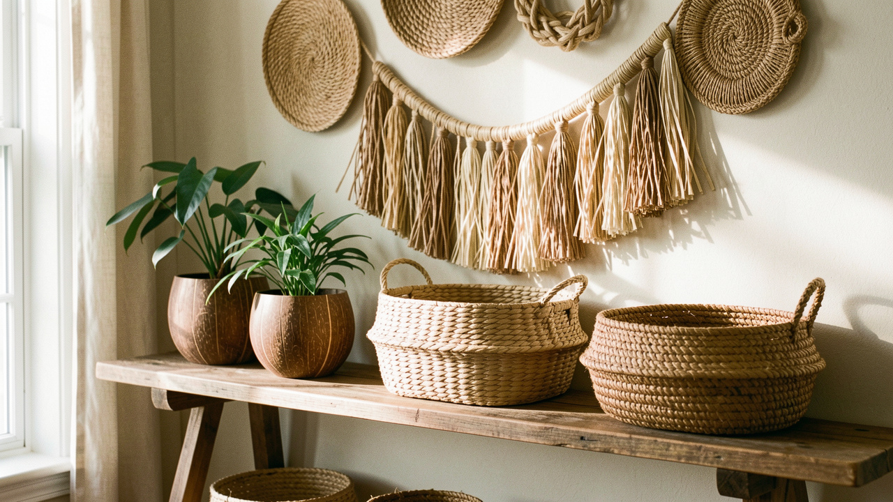 Décoration intérieure chaleureuse avec objets faits main en coque de coco, paniers en jute, fibres de raphia et accessoires en sisal.