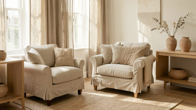 Salon lumineux decoré avec des rideaux, des coussins et un fauteuil en lin naturel, associés à du bois clair et des objets artisanaux.