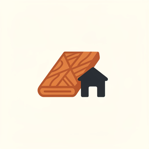 Emblème minimaliste représentant une lame de parquet, un motif de revêtement de sol et une maison stylisée dans des tons bois, terracotta et charbon sur fond crème.