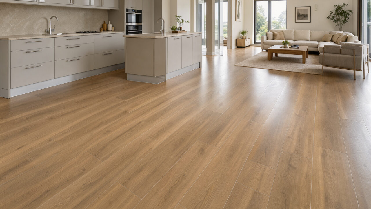 Sol intérieur en grès cérame effet bois, aux teintes de chêne chaleureux, dans une cuisine moderne lumineuse et facile à entretenir.