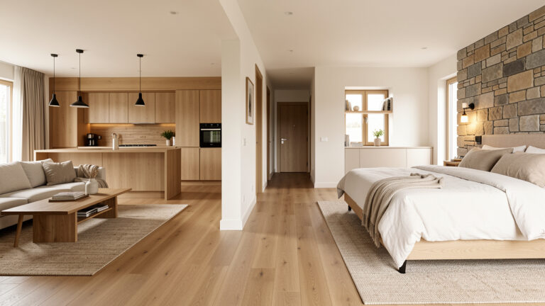 Intérieur moderne d’une maison présentant différents revêtements de sol SPC dans le salon, la cuisine, le couloir et la chambre.