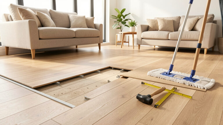 Parquet flottant aux teintes de chêne dans un salon lumineux, avec outils de pose et accessoires d’entretien disposés au sol.