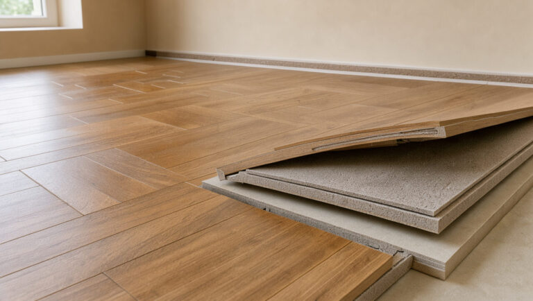 Vue en coupe d’un parquet et d’un sol stratifié avec leur sous-couche isolante acoustique et thermique.