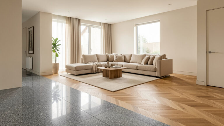 Intérieur contemporain montrant une association harmonieuse entre un sol en granit gris et un parquet en chêne chaleureux.