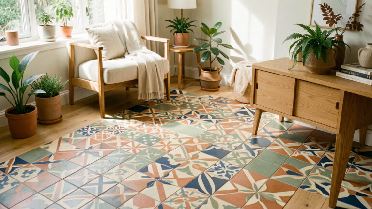 Sol intérieur décoré de carreaux de ciment aux motifs géométriques et aux couleurs terracotta, crème, vert sauge et bleu profond.
