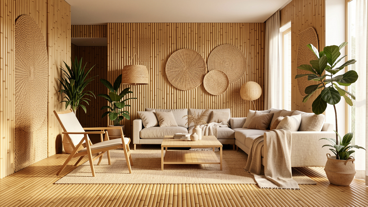 Salon contemporain avec sol, panneaux muraux et éléments décoratifs en bambou dans des tons naturels.