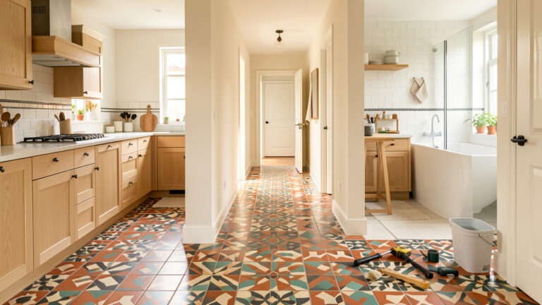 Intérieur lumineux composé d’une cuisine, d’un couloir et d’une salle de bains décorés avec des mosaïques de sol colorées, accompagnées de carreaux et d’outils de bricolage.