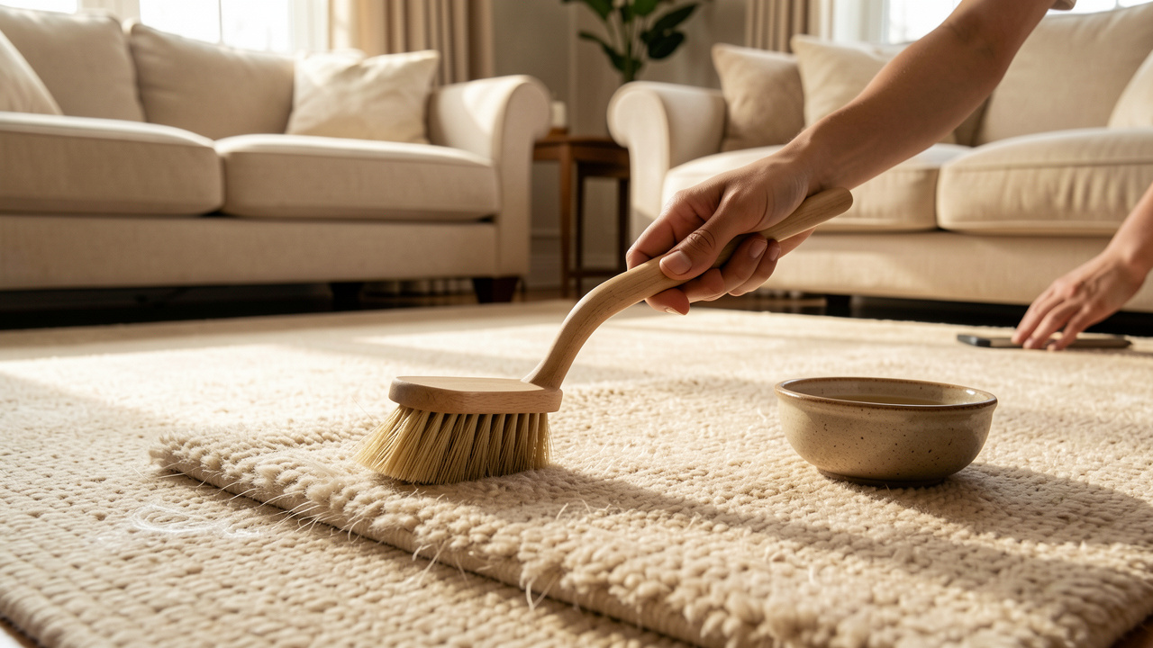 Moquette en laine soigneusement nettoyée dans un salon lumineux, avec une brosse douce et une solution naturelle à proximité.