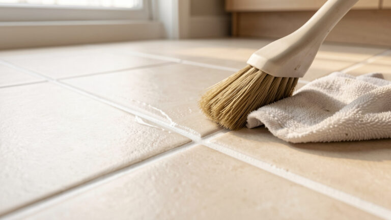 Gros plan sur des carreaux de sol clairs dont les joints blancs sont nettoyés avec une brosse douce et un chiffon en microfibre.