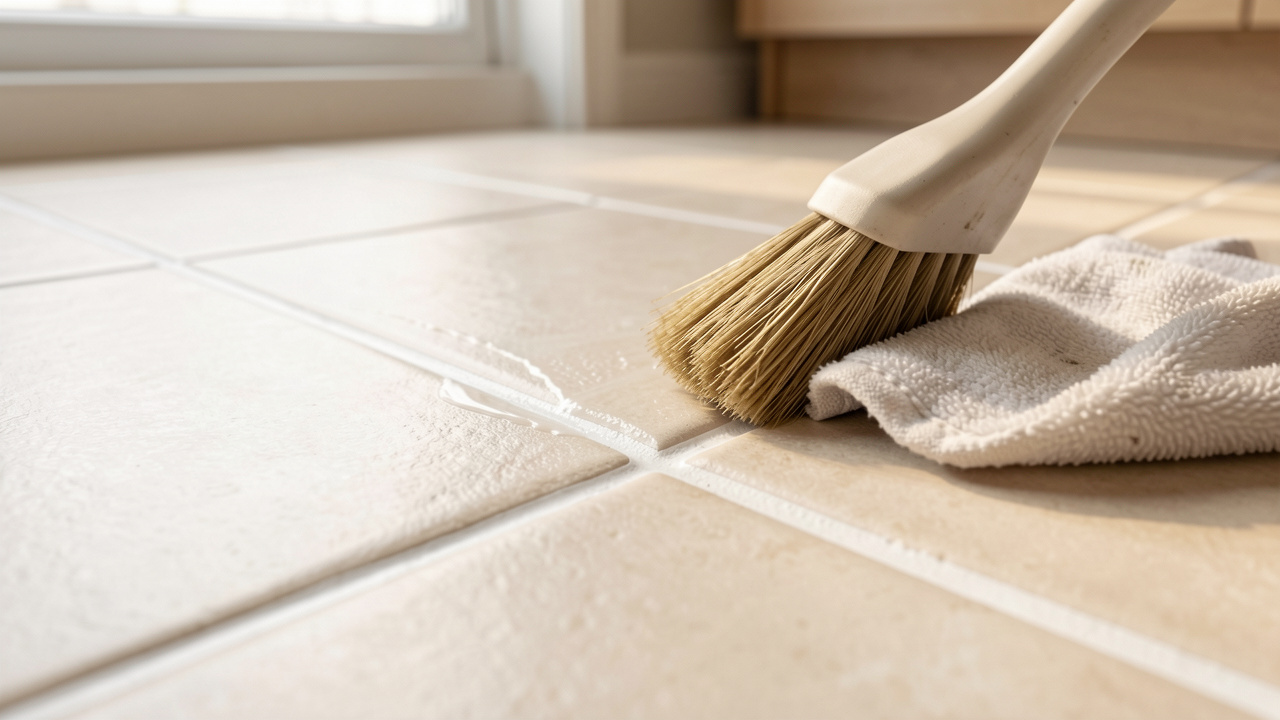 Gros plan sur des carreaux de sol clairs dont les joints blancs sont nettoyés avec une brosse douce et un chiffon en microfibre.