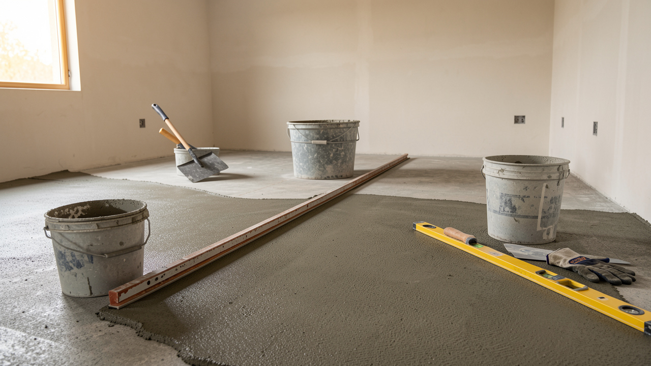 Sol en béton préparé et nivelé avec des outils de bricolage et un produit autonivelant dans une pièce en rénovation.