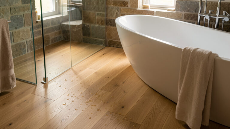 Salle de bain moderne avec un parquet en chêne naturel protégé contre l’humidité, près d’une baignoire blanche.