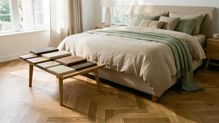 Chambre contemporaine avec parquet en chêne posé en chevrons et échantillons de bois présentant différentes essences et finitions