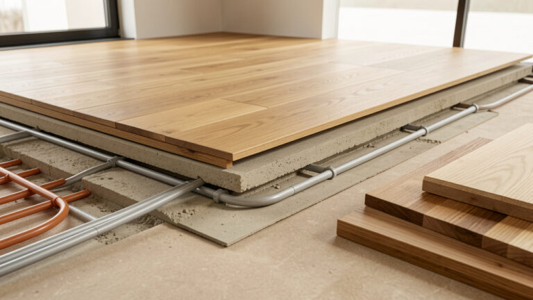 Parquet en chêne installé au-dessus d’un système de chauffage au sol, avec une coupe montrant les différentes couches et des échantillons de bois naturel.