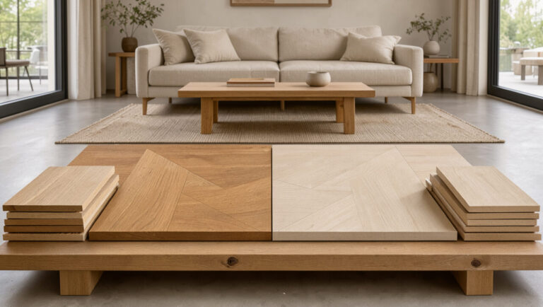 Intérieur contemporain présentant deux finitions de parquet en chêne, l’une naturelle aux tons miel et l’autre blanchie dans des nuances claires.