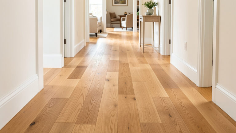 Couloir résidentiel lumineux avec un parquet en chêne naturel résistant, aux teintes miel, au grain subtil et à la finition mate.