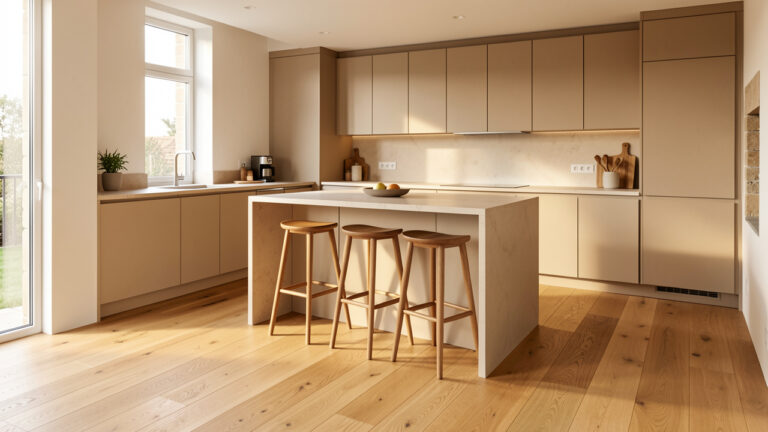 Cuisine moderne et lumineuse avec un parquet en chêne naturel aux larges lames, associé à des meubles minimalistes et un îlot central.