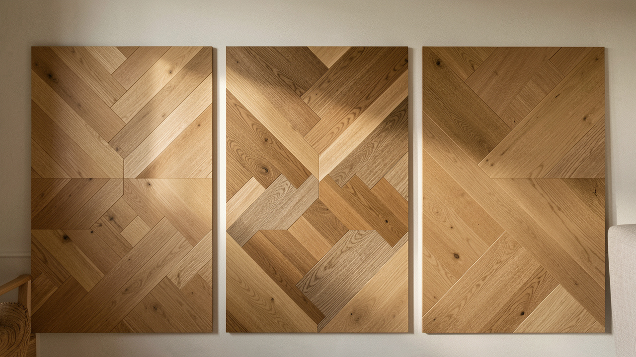 Trois sections de parquet en chêne présentant des motifs à chevrons italiens, hongrois et français, avec des angles et des assemblages distincts.