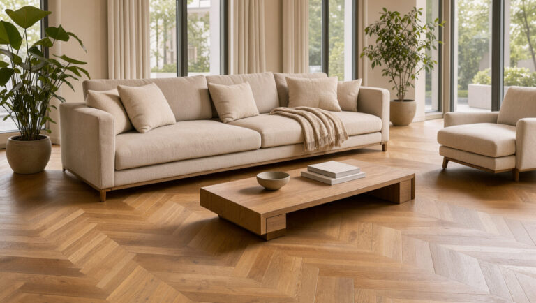 Salon contemporain élégant avec un parquet en chêne naturel posé en chevrons, des meubles aux tons beiges et une lumière naturelle chaleureuse.