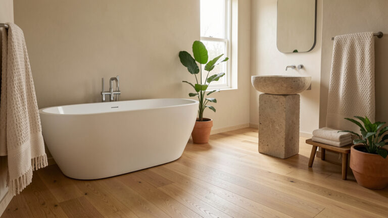 Salle de bain moderne avec un parquet en bois naturel soigneusement protégé contre l’humidité, une baignoire blanche et une décoration douce.