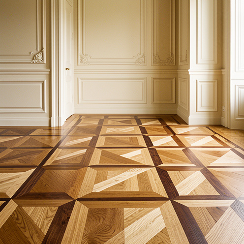 Parquet Versailles composé de panneaux carrés aux motifs élégants, avec différentes essences de bois dans un intérieur historique raffiné.