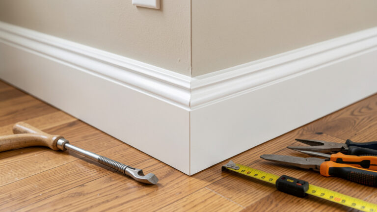 Battiscopa in legno bianco installato con taglio ad angolo preciso su un pavimento in rovere, con utensili da fai da te nelle vicinanze.