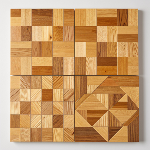 Échantillons de quadrotte en bois présentant plusieurs géométries de parquet, notamment des motifs en damier, en vannerie et des assemblages réguliers.