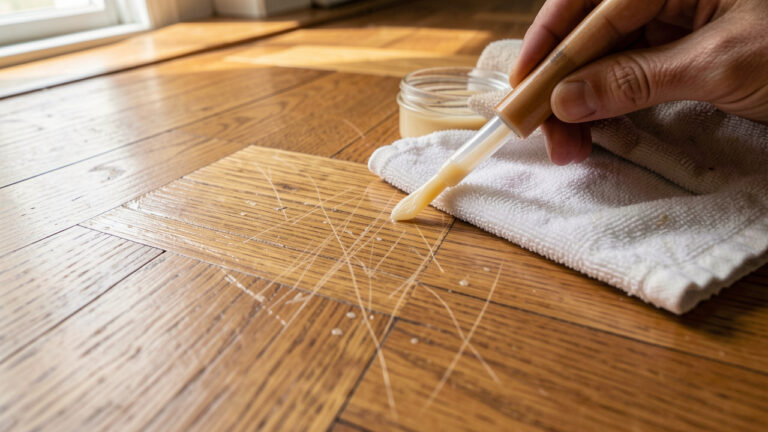 Gros plan sur un parquet en chêne présentant de fines rayures, avec de la cire, un chiffon doux et un applicateur pour sa réparation.