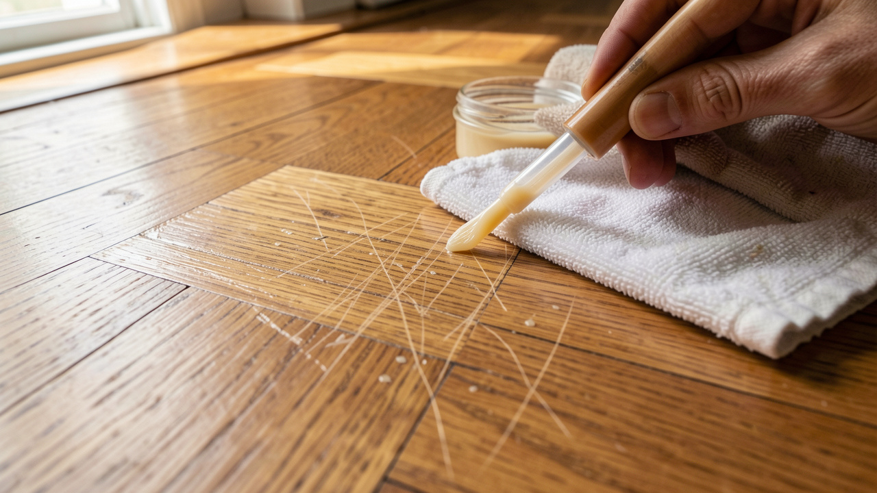 Gros plan sur un parquet en chêne présentant de fines rayures, avec de la cire, un chiffon doux et un applicateur pour sa réparation.