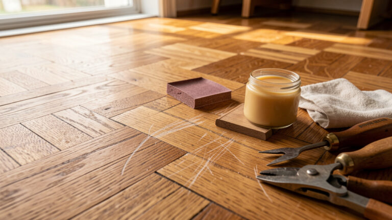 Gros plan sur un parquet en chêne rayé avec du papier abrasif, de la cire naturelle, un chiffon doux et des outils de réparation disposés à proximité.