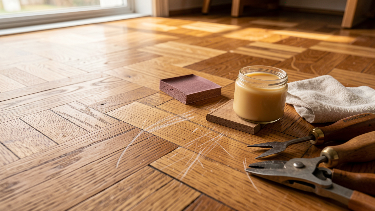 Gros plan sur un parquet en chêne rayé avec du papier abrasif, de la cire naturelle, un chiffon doux et des outils de réparation disposés à proximité.