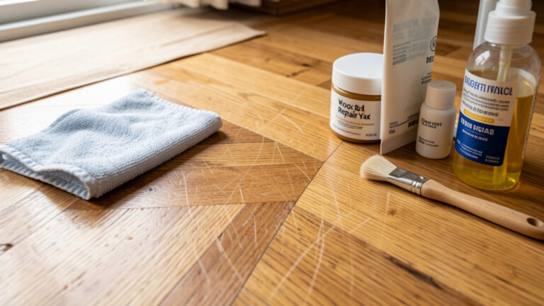 Gros plan sur un parquet en chêne rayé en cours de restauration sans ponçage, avec un chiffon en microfibre, une brosse douce et de la cire de réparation pour bois.