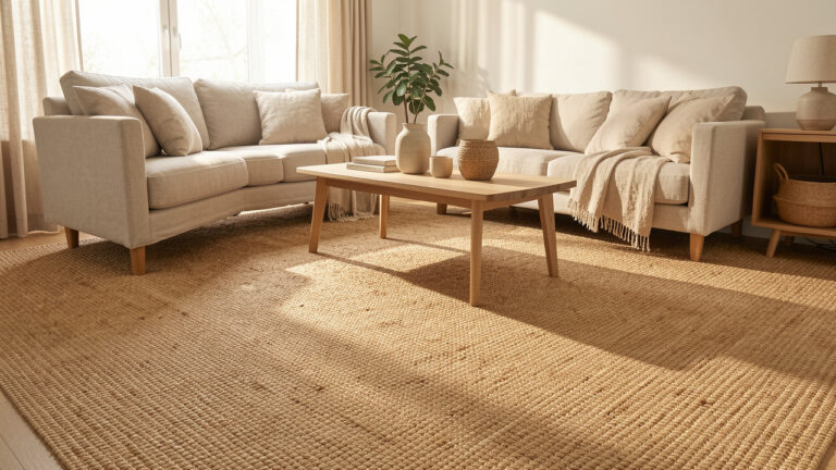 Revêtement de sol en jonc de mer dans un intérieur contemporain chaleureux, présenté comme une alternative naturelle au parquet.