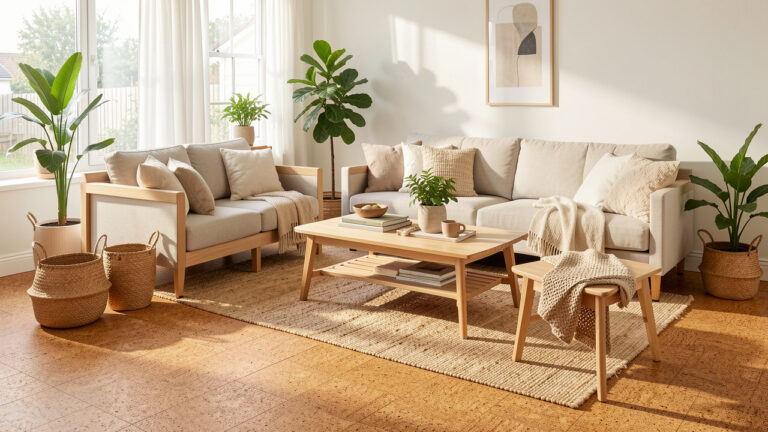 Salon contemporain lumineux avec un sol en liège naturel couleur miel, du mobilier en bois clair, des textiles tissés et des plantes vertes.