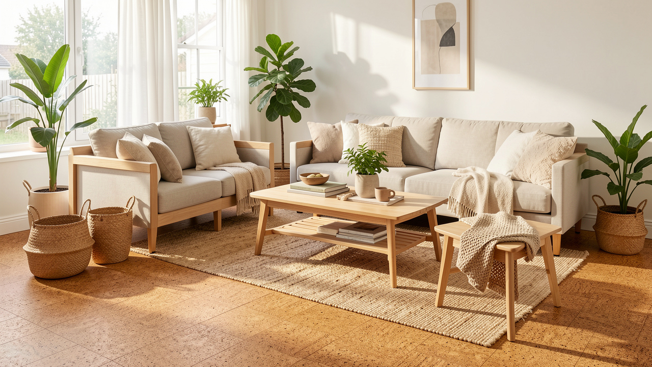 Salon contemporain lumineux avec un sol en liège naturel couleur miel, du mobilier en bois clair, des textiles tissés et des plantes vertes.