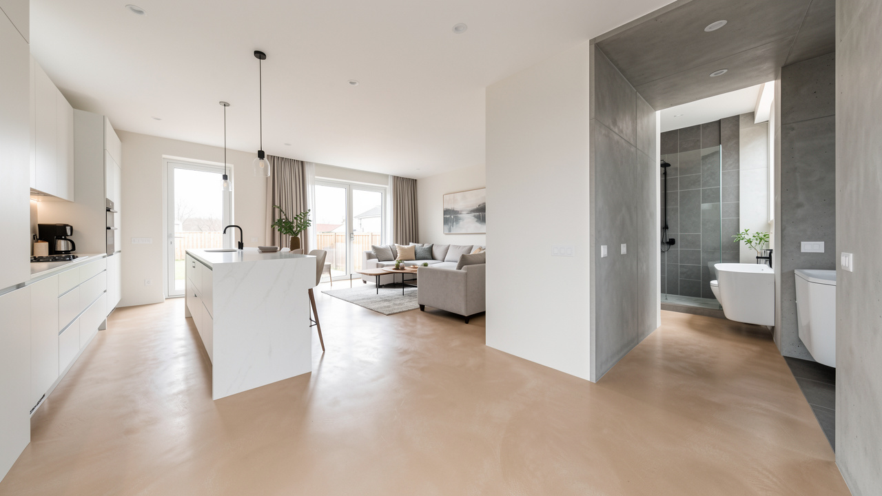 Intérieur moderne montrant un sol en résine continu dans la cuisine, le salon, le couloir et la salle de bains.