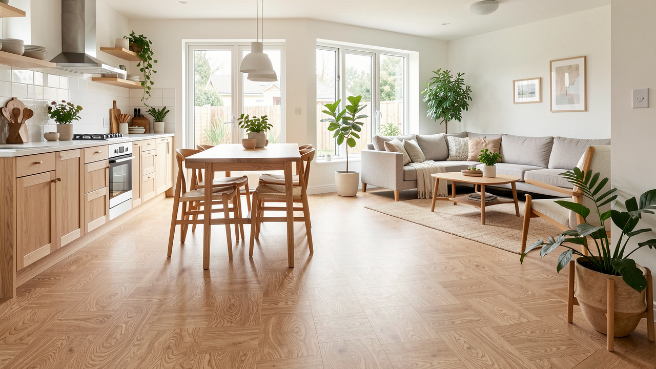 Intérieur moderne et lumineux avec un sol en linoléum aux tons naturels, du mobilier en bois recyclé et des plantes vertes.