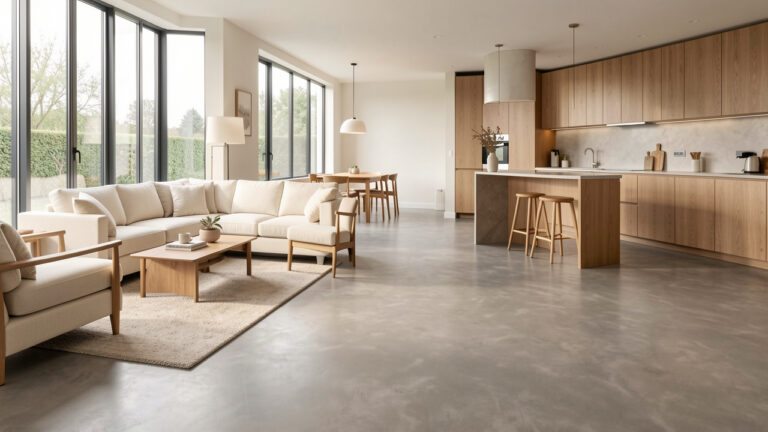 Salon contemporain avec un sol continu en microciment gris chaud, un mobilier minimaliste en bois clair et une lumière naturelle abondante.